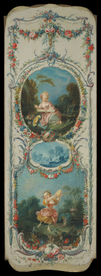 oil painting of two scenes surrounded by a decorative border - one scene depicts a child singin…