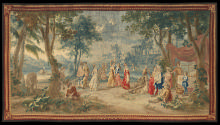Woven tapestry depicting shepherdesses arriving at a wedding