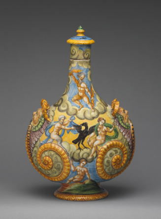 Large flask with figures and an eagle in a landscape, in color