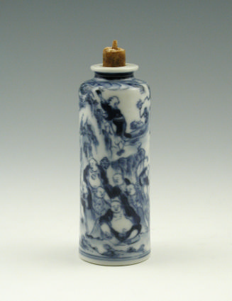 Blue and white porcelain cylindrical bottle with figures, with stopper