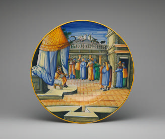 Circular plate showing figures in a courtyard, in color