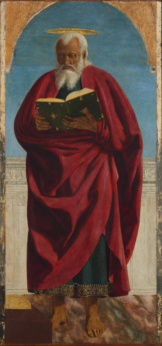 Tempera painting of St. John the Evangelist wearing a crimson mantle and blue-green robe