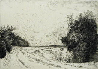 Black and white print of a dirt country road stretching away into the distance bordered by tree…