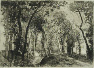 Black and white print on gray-green paper of a creek running through a forest of slender trees …