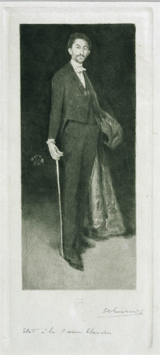 Black and white pencil portrait of standing man in suit with cane. 