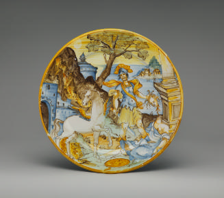 Circular plate with a soldier on horseback in a landscape, in color