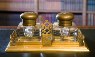 Brass Inkwell Stand with Two Glass Inkwells