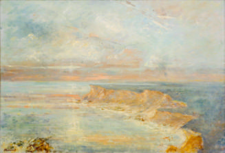 Oil painting of cliffs along water