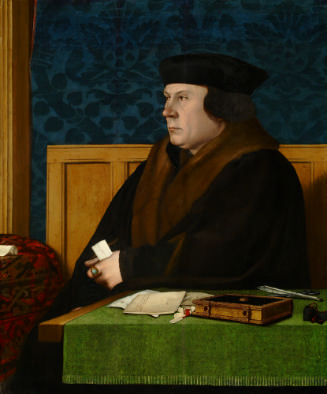 oil painting of Thomas Cromwell seated at a table wearing a black hat and dark brown cloak with…