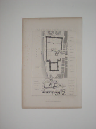Black and white architectural plan of large palace grounds and gardens