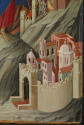 close-up of a tempera painting of Christ, followed by two angels, extending his right arm towar…