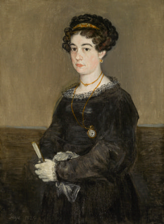 oil painting of woman wearing a black dress with gold jewelry and holding a closed gray fan 
