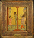 framed tempera painting of the flagellation of Christ against a gold background