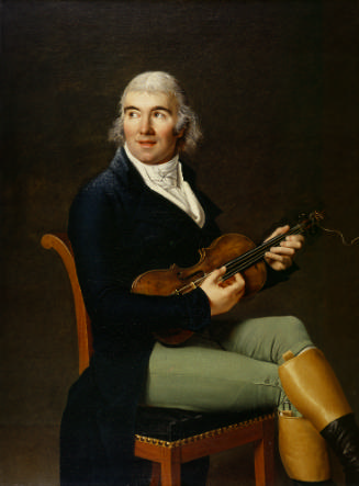 oil painting of a seated man with white hair, wearing green pants and a navy blue jacket, and p…