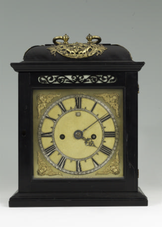 Frontal view of Ebony Bracket Clock with gilt bronze dial and handle
