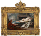 gold-framed oil painting of an artist sketching a reclining nude woman