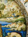Detail of a group of female figures and one male all seated on billowing clouds above a deep bl…