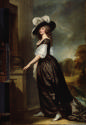 Oil painting of woman wearing black dress standing