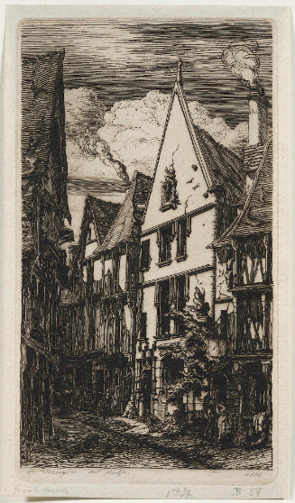 Black and white etching of houses on either side of a narrow, cobblestone, Medieval-style stree…