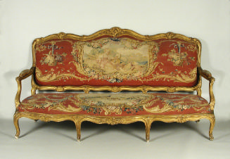 Crimson Canapé: Part of a Set of Two Canapés, Eight Armchairs and a Fire Screen Showing Figures…