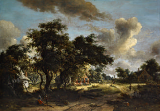 Oil painting of landscape with house and trees
