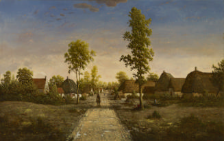 oil painting of a landscape with a road down the center, as well as trees, houses, and people