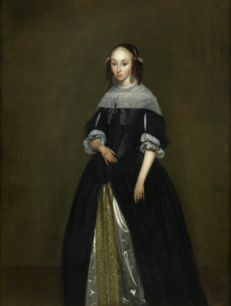 Oil painting of woman standing in black dress