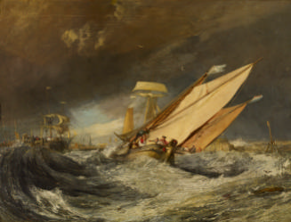 Oil painting of boats in rough water