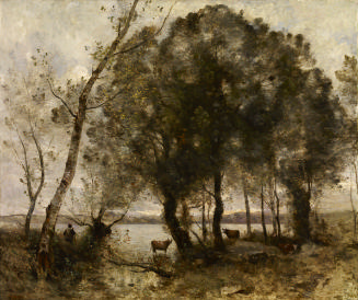 oil painting of a landscape with a pond, trees, cows, and people