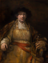 Oil painting of sitting man wearing yellow and arms on armrest