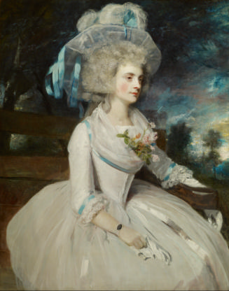 Oil painting of a woman sitting in white dress