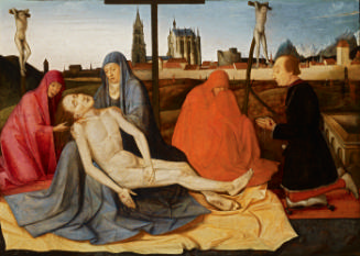 tempera or mixed technique painting of the body of Christ resting on the lap of the Virgin Mary…