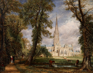 Oil painting of cathedral in landscape