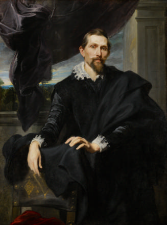 Oil painting of a bearded man wearing black with lace collar and cuffs