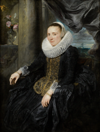 Oil painting of a sitting woman wearing a black dress with white cuffs and collar