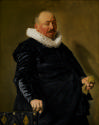 Oil painting of standing man wearing black