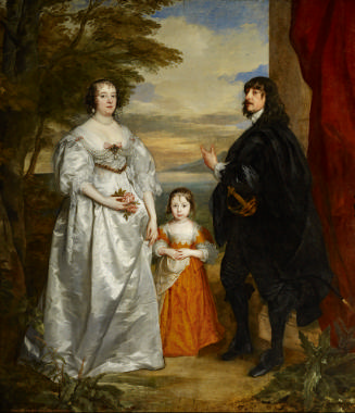 Oil painting of two adults standing on either side of a girl wearing an orange dress 