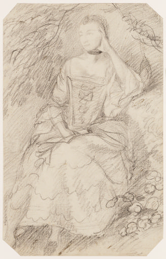 Black chalk drawing of a seated woman facing left wearing a sumptuous gown with a landscape bac…