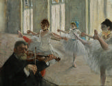 oil painting of four ballet dancers in a studio with their arms outstretched and right legs lif…