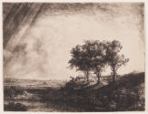 Black and white etching of three trees on a hilltop in a landscape with a fisherman in a pond i…