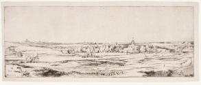 Black and white etching of a panoramic landscape of fields and rolling hills with a small villa…