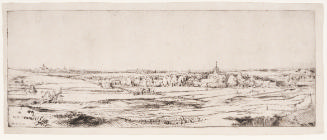 Black and white etching of a panoramic landscape of fields and rolling hills with a small villa…