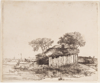 Black and white etching of a cottage with two trees and a white fence, with a wagon to the righ…