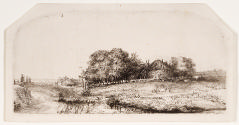Black and white etching of a hay barn surrounded by trees and bordered on the left side by a ro…