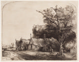 Black and white etching of a landscape with three cottages along a road, with a large tree in f…