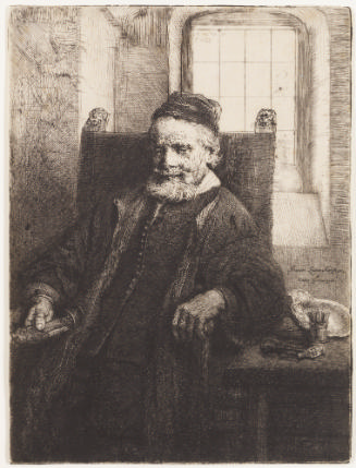 Black and white etching of a portrait of a bearded old man wearing a hat seated in a chair with…
