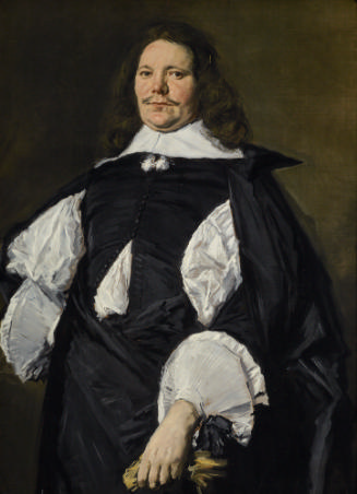 Oil painting of a standing man wearing black and white 