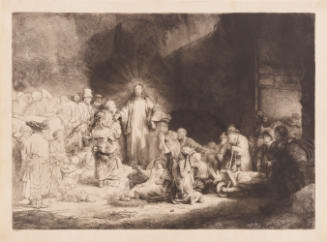 Black and white print of Christ preaching to a large crowd of the poor and the sick, most likel…