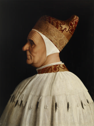 oil painting of Doge Giovanni Mocenigo wearing a gold ducal hat and an ermine cape