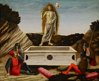 tempera painting of the resurrection of Christ surrounded by four people in a landscape
